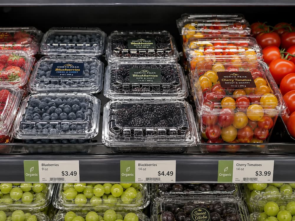 Fresh Produce Retail Display FAQ: Materials, Sizes, Uses, and Ordering Questions 2 Clear fruit packaging for supermarket berries blackberries and cherry tomatoes in chilled display