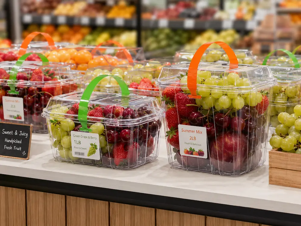 Wholesale Clear Fruit Packaging: Manufacturer and Supplier Checklist 2 Clear fruit packaging containers displayed with fresh fruit for supermarket retail presentation