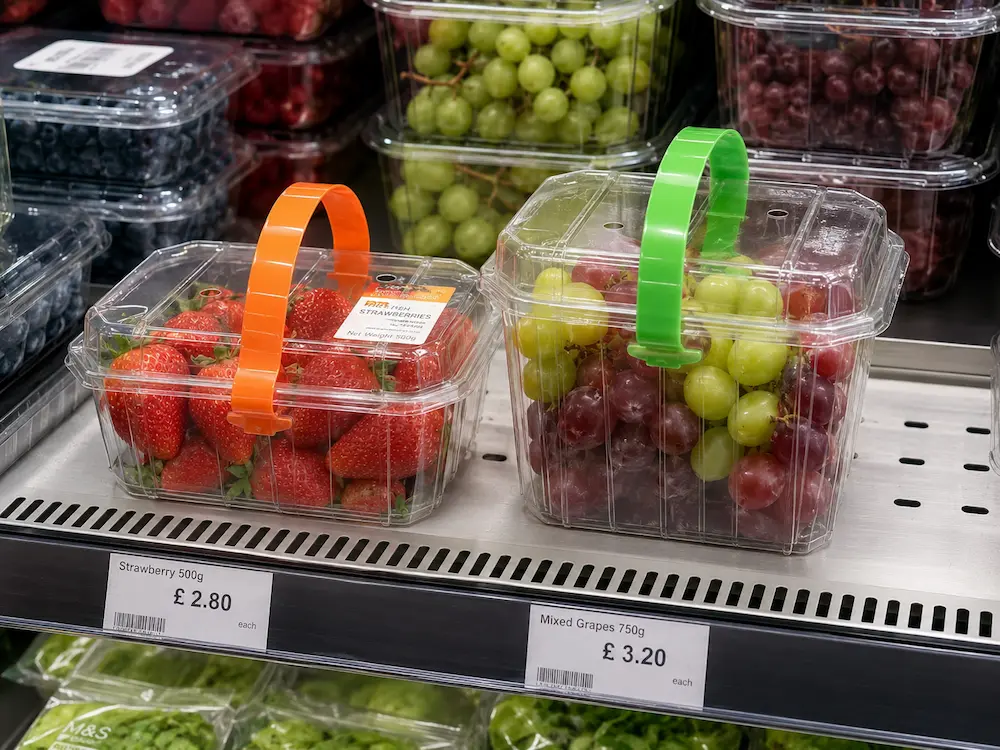 Clear handled fruit packaging displayed on a supermarket shelf with strawberries and grapes