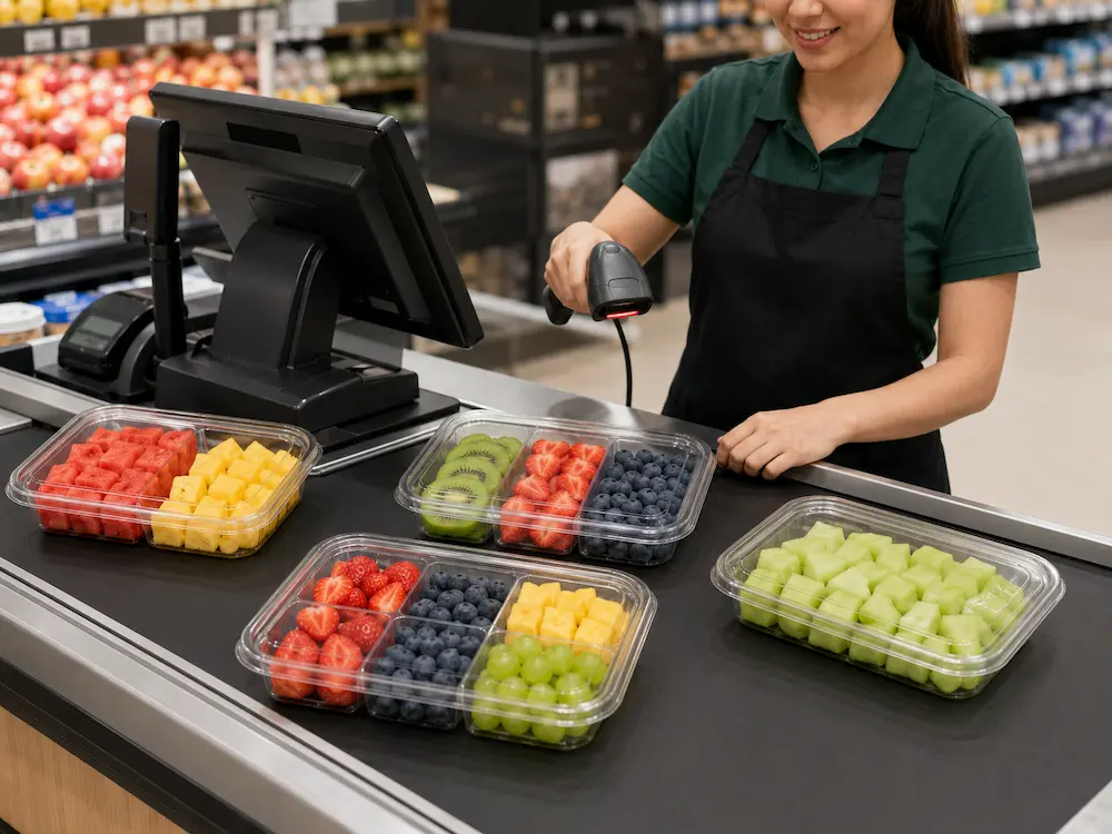 Clear compartment fruit containers at a supermarket checkout counter