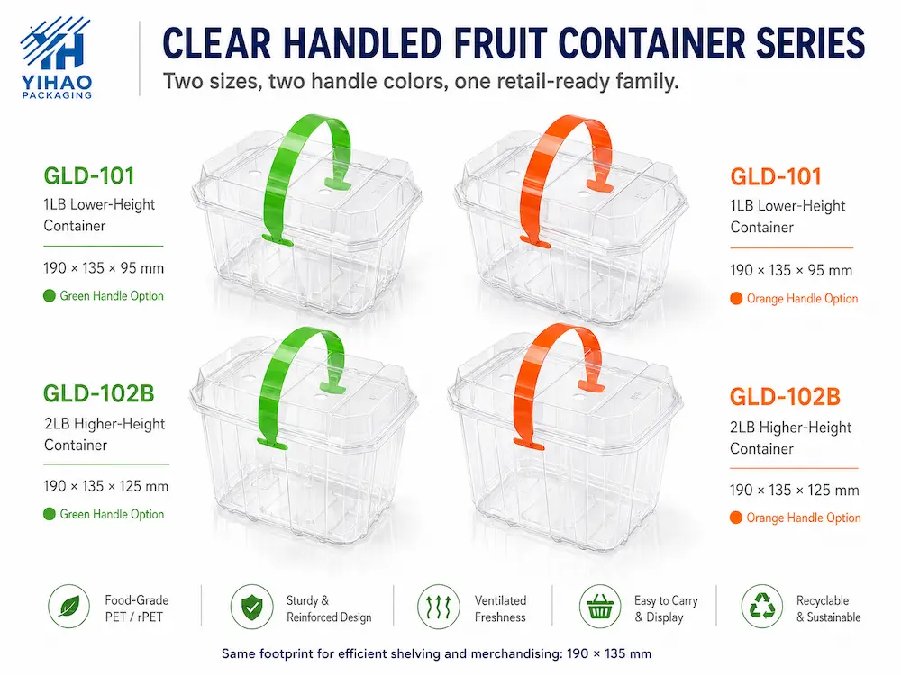 Clear handled fruit container series with green and orange handle options for supermarket fresh fruit packaging
