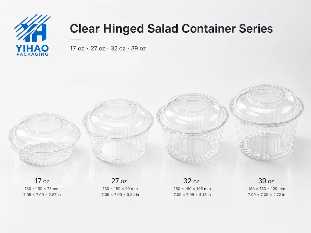 Clear Salad Bowls vs Alternative Packaging: A Buyer’s Guide for Chilled Salad Packaging 2 Clear hinged salad container series in PET and rPET with multiple sizes
