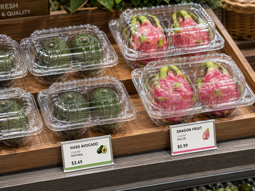 Retail Fruit Containers: Buyer Guide for Food Packaging Teams 2 Clear PET 2-cell fruit clamshell containers for avocado and dragon fruit retail shelf display