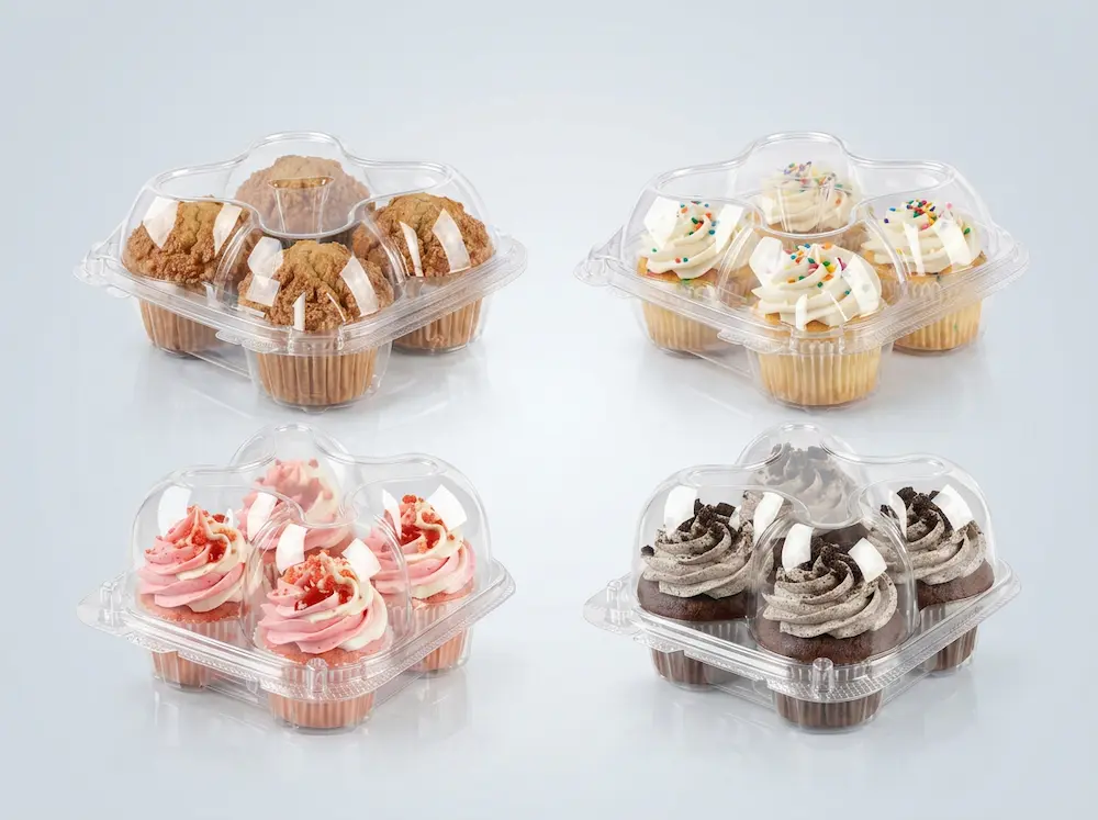 Clear PET 4 cupcake clamshell containers for bakery dessert packaging