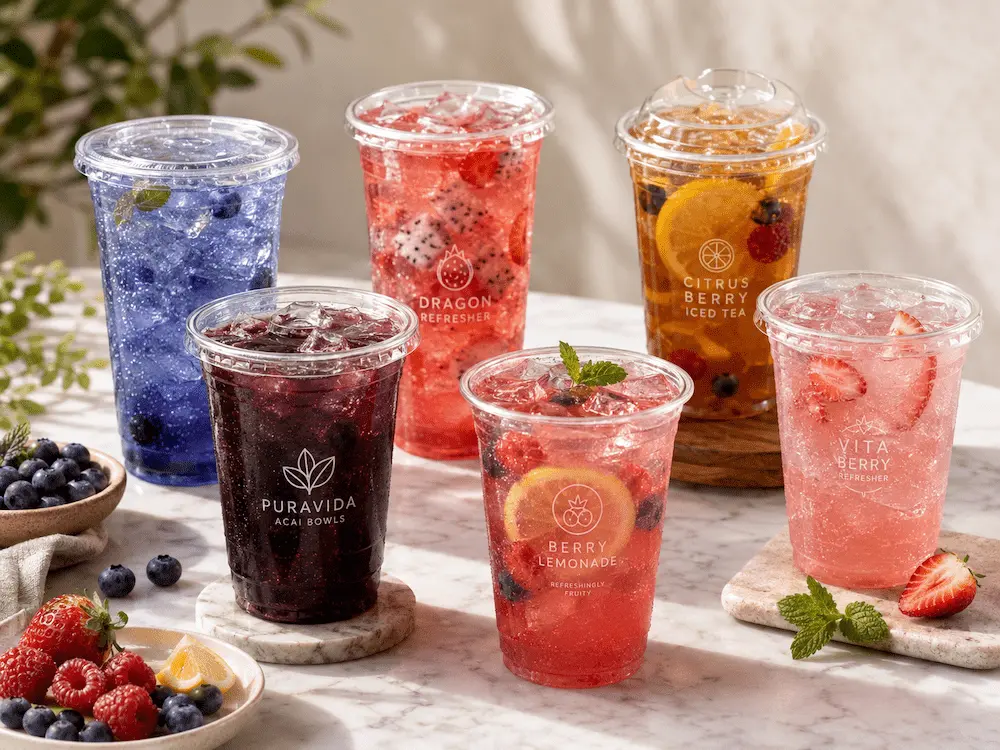 Clear PET acai refresher cups with colorful berry drinks and fruit toppings