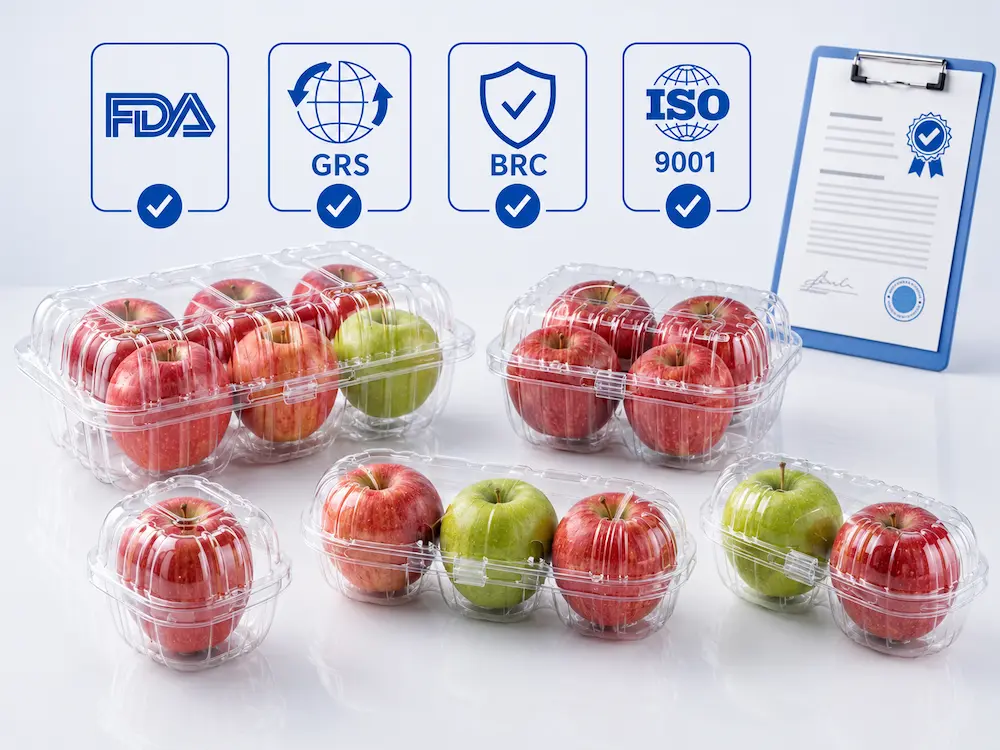 Clear PET apple clamshell containers with FDA GRS BRC and ISO 9001 food packaging quality support