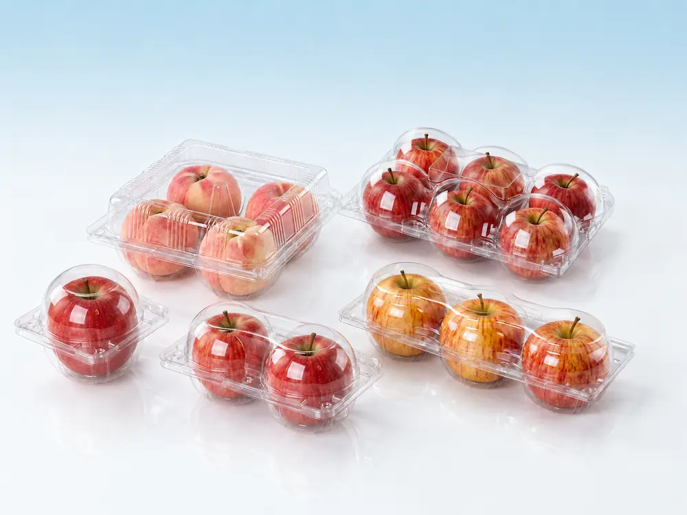 Clear PET apple clamshell containers for single, two-pack, three-pack, four-pack and six-pack apple packaging