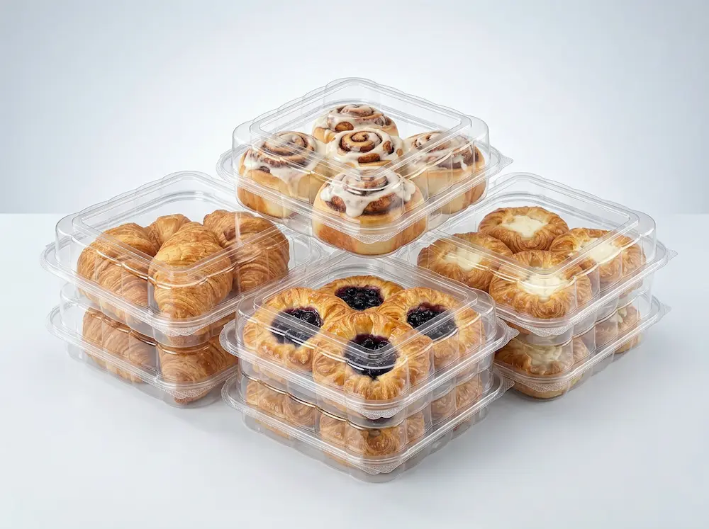 Clear PET bakery pastry containers with snap-on lids for croissants, cinnamon rolls, Danish pastries, and takeaway bakery packaging