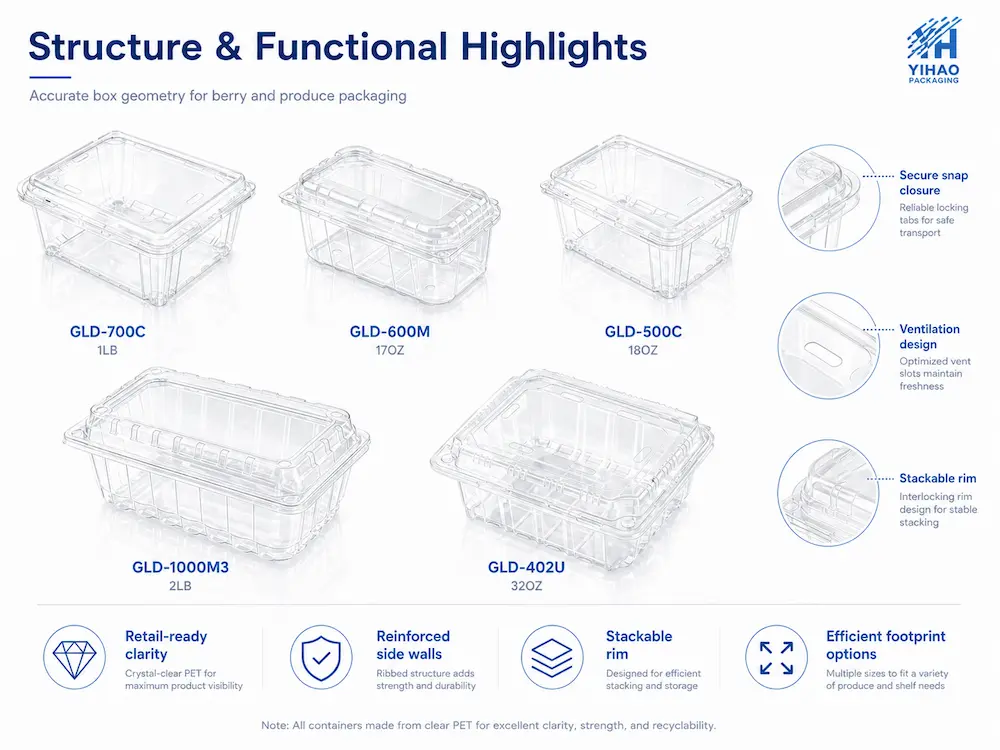 Clear PET berry container structure with ventilation, snap closure, stackable rim, and reinforced side walls