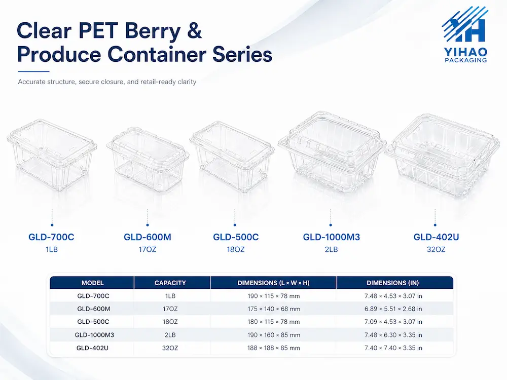 Clear PET berry and produce container series with multiple sizes and dimensions