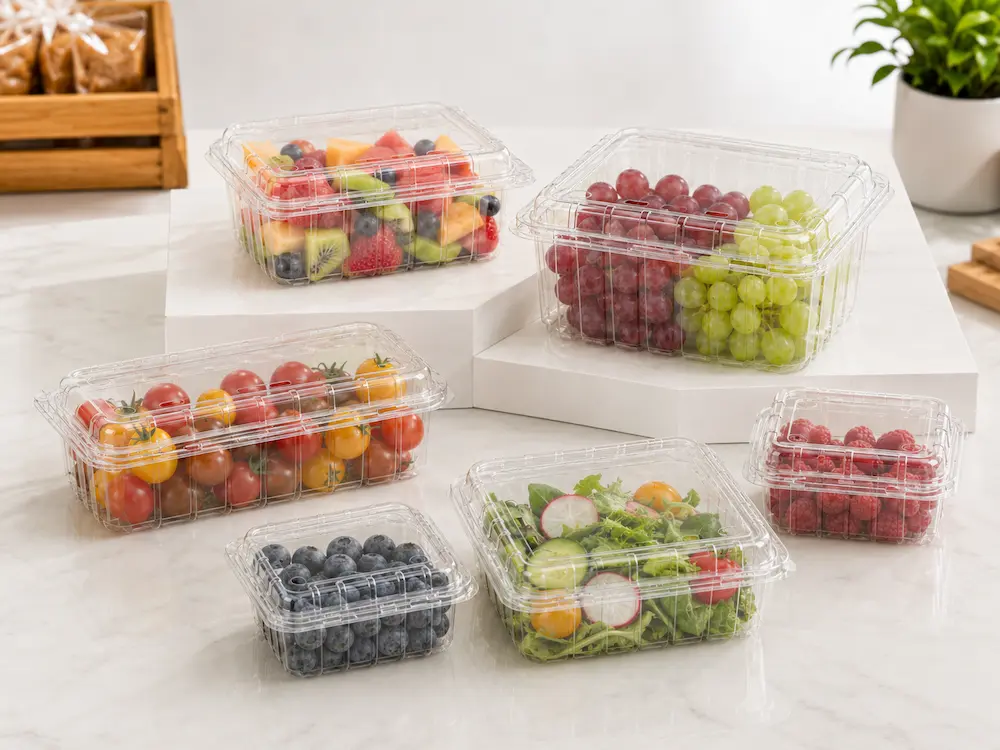 Clear PET produce containers for berries, grapes, tomatoes, salad, and fresh-cut fruit