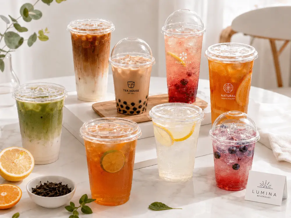 Best Boba Cups for Retail Display, Takeaway, and Chilled Food 1 Clear PET boba cups with flat and dome lids for milk tea and fruit drinks