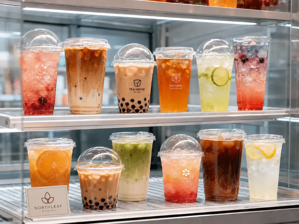 Clear PET boba cups with assorted iced drinks in a chilled retail display