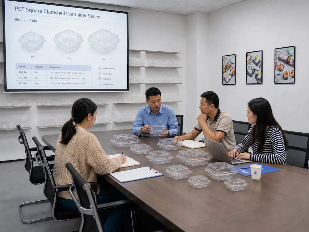 Produce Packaging Manufacturer: Buyer Guide for Food Packaging Teams 6 Packaging team reviewing clear PET clamshell container samples during product testing meeting