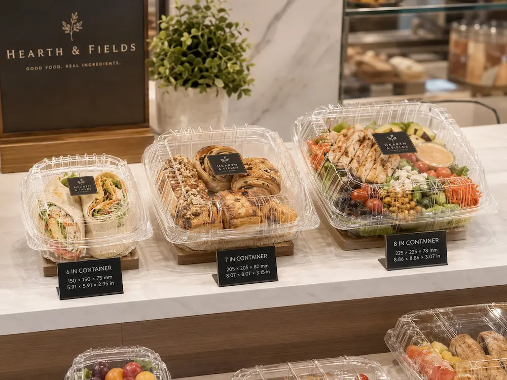 Produce Packaging Manufacturer: Buyer Guide for Food Packaging Teams 1 Clear PET clamshell containers displayed with wraps, pastries, and salad for retail food packaging