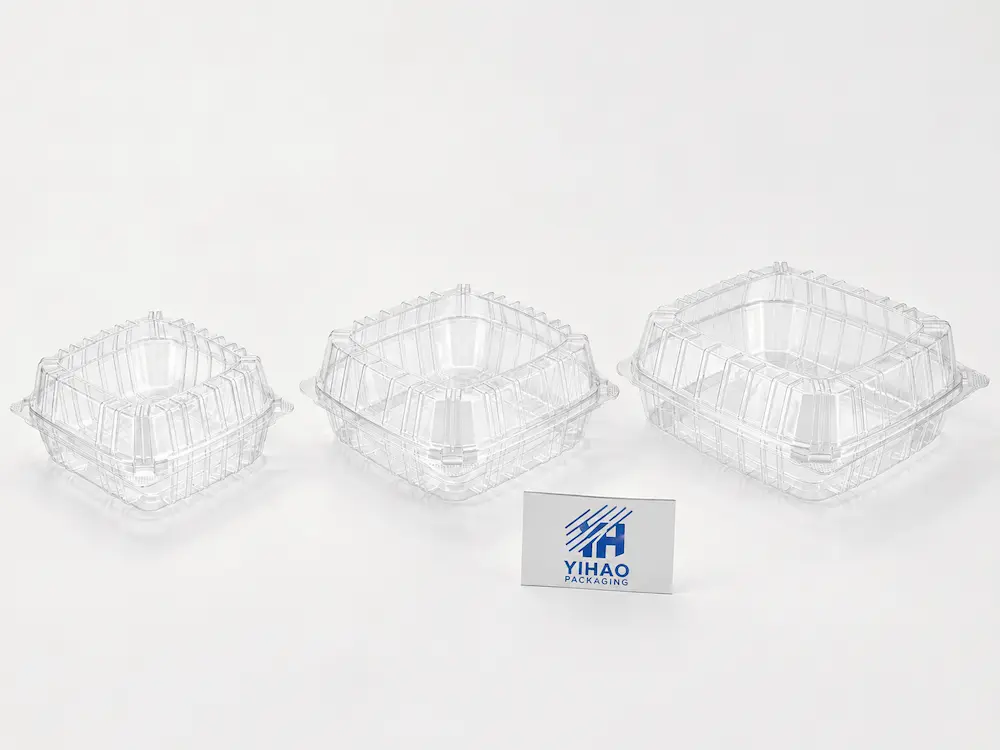 Clear PET clamshell containers in multiple square sizes with YIHAO Packaging display card