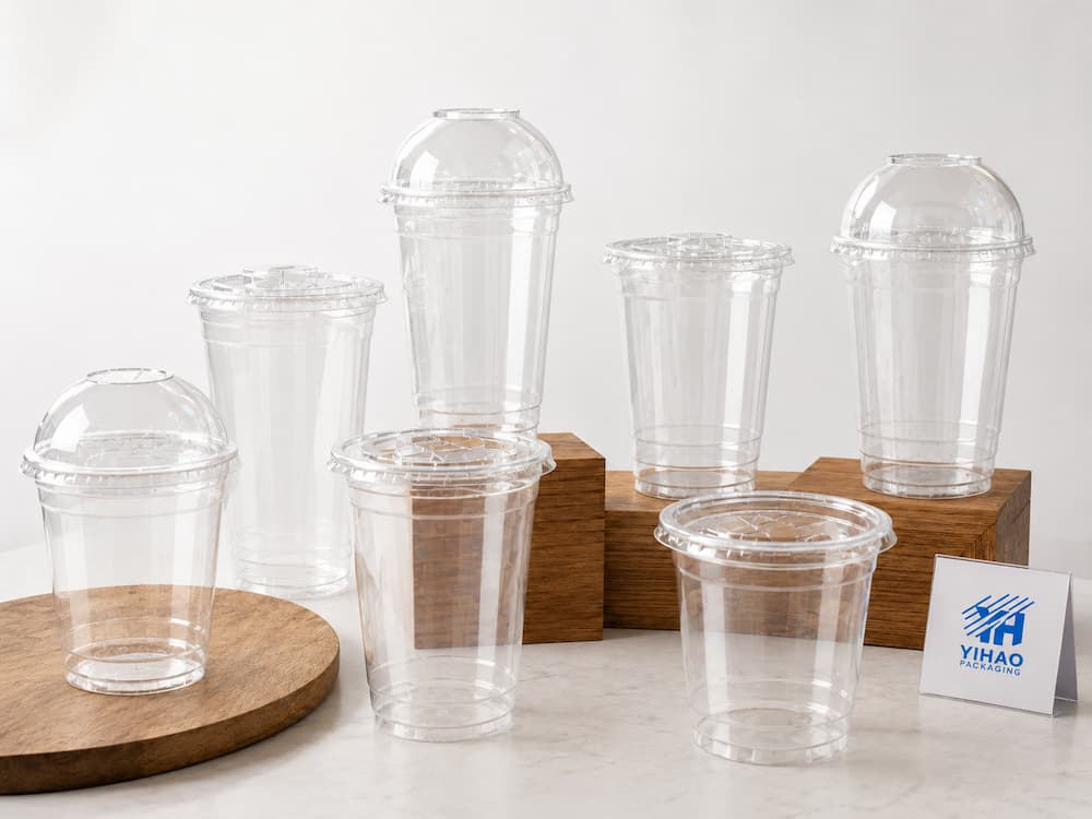 Custom Cup Manufacturer FAQ: Materials, Sizes, Uses, and Ordering Questions 2 Clear PET cold cups and matching lids displayed on wooden blocks with YIHAO branding