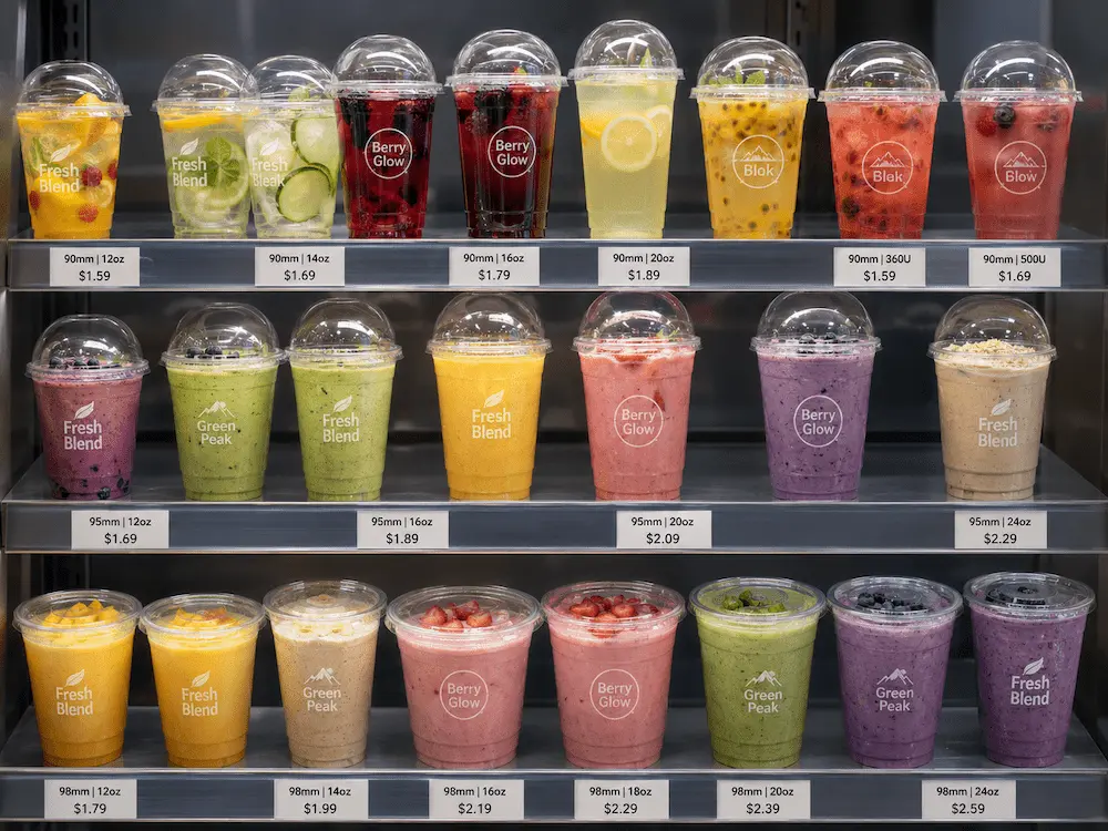 Clear PET cold cup size display with 90mm 95mm and 98mm series and matching dome flat and sip-through lids