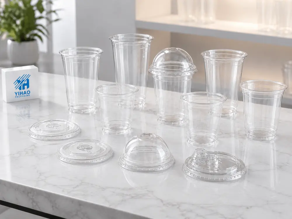 Clear PET cold cups with flat dome and sip-through lid options on a display table