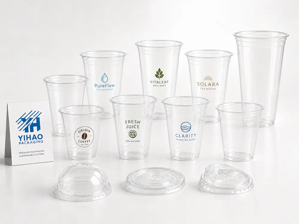 Best Cold Cup Supplier for Retail Display, Takeaway, and Chilled Food 1 Clear PET cold cups and matching lids displayed as a product lineup for beverage and food packaging buyers.