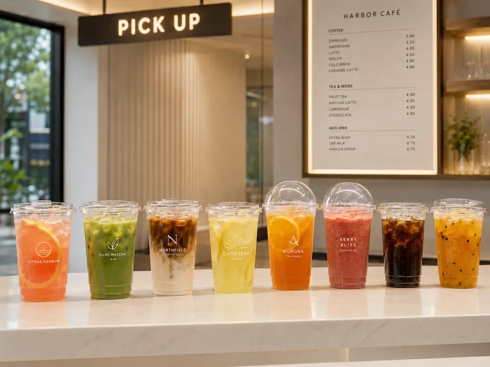 Clear PET cold cups for iced coffee matcha lemonade smoothies and fruit tea in a cafe pickup setting