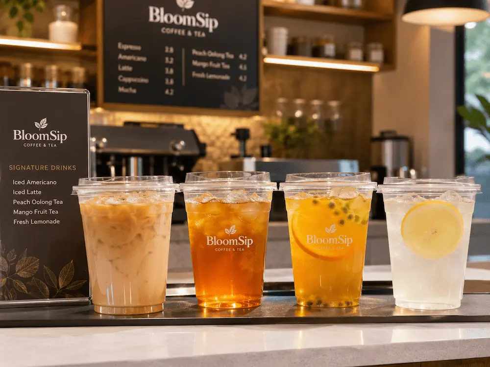 Flat Lid Compatibility for Supermarkets, Cafes, Bakeries, and Foodservice Brands 1 Clear PET cold cups with flat lids for iced coffee fruit tea lemonade and cafe takeaway drinks