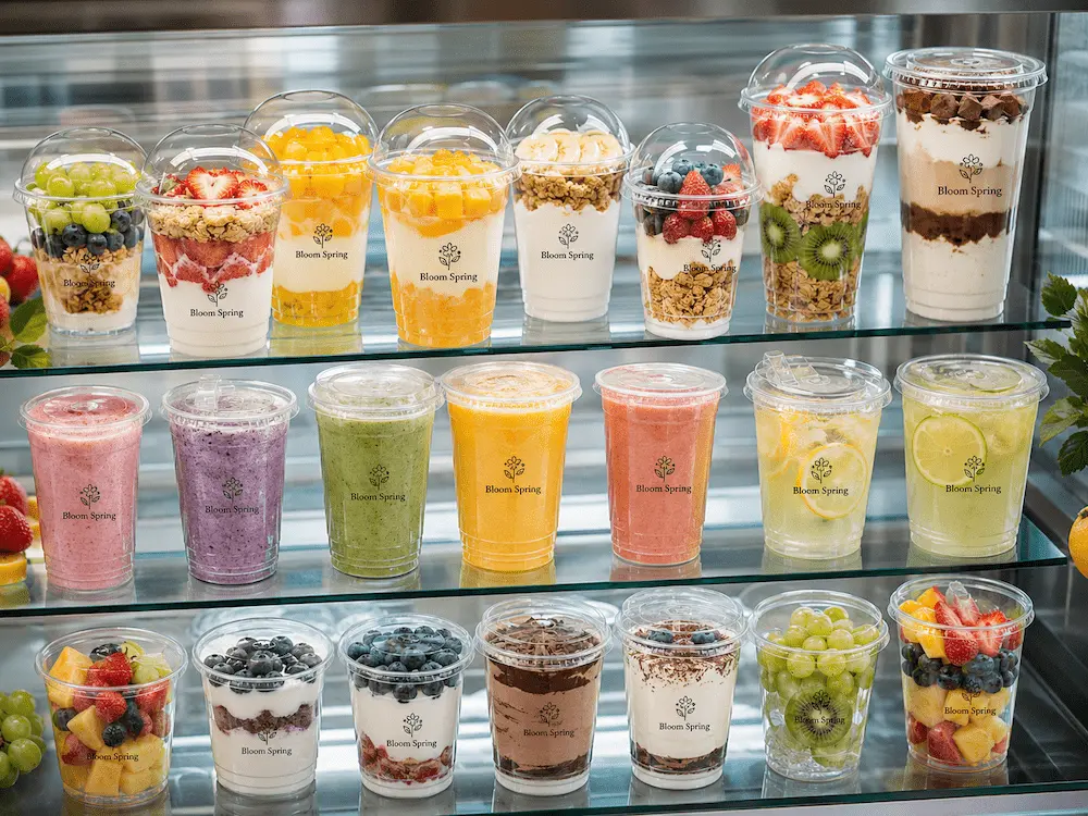 Clear PET cold cups and lids for retail display grab-and-go beverages and dessert cups