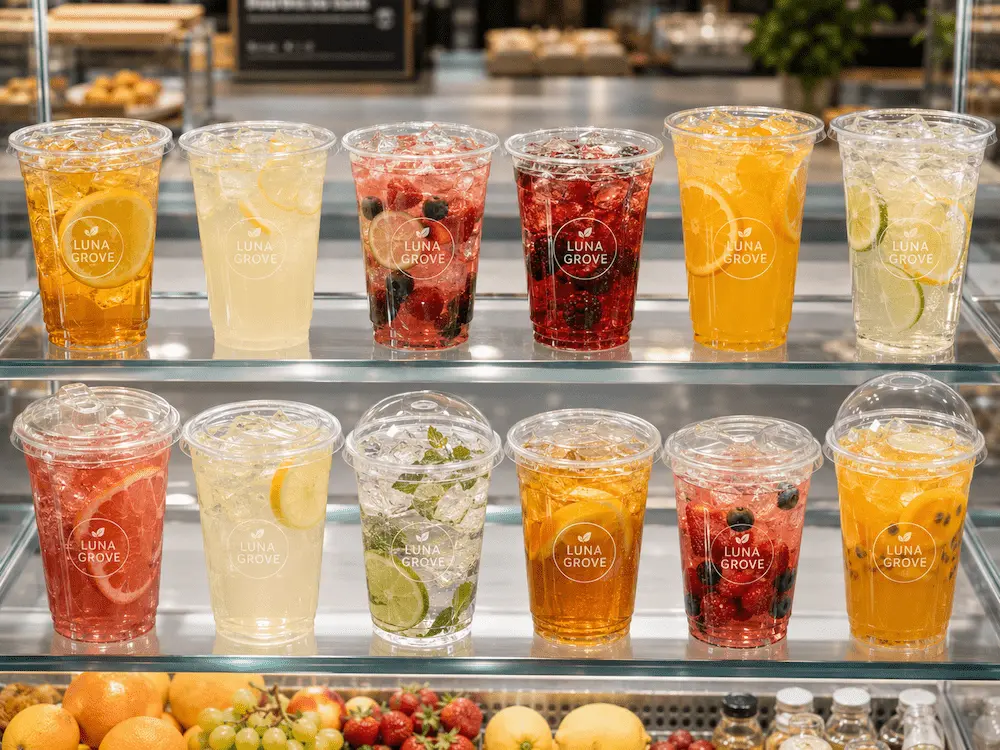 Clear PET cold cups with iced drinks displayed in a cafe retail case for lid matching and beverage packaging