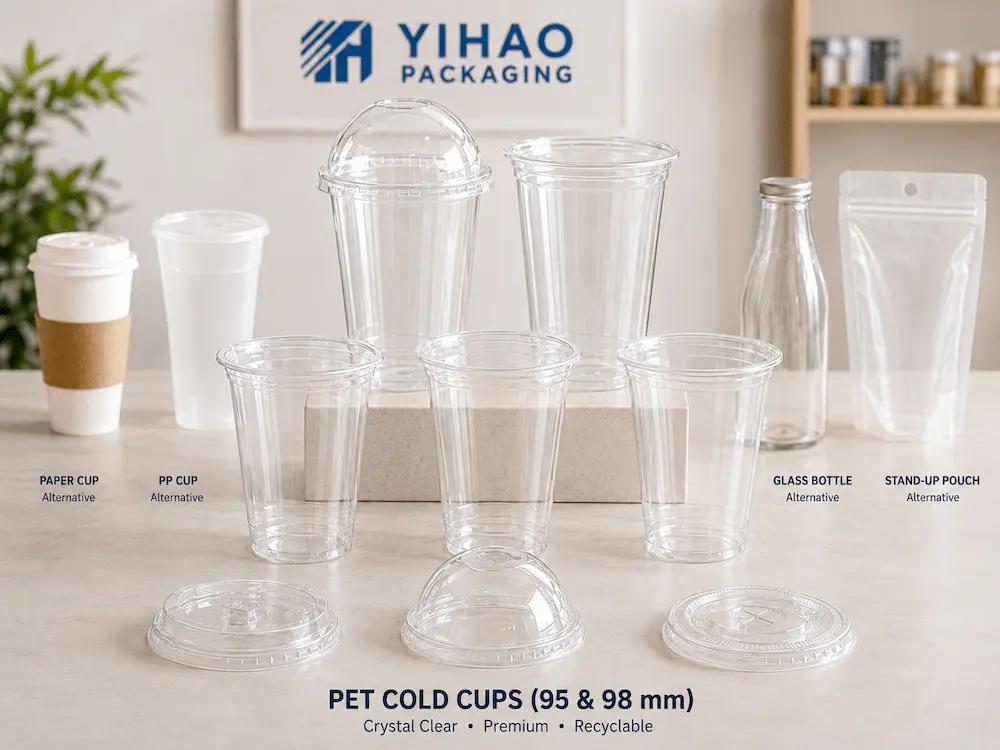 PET Bubble Tea Cups vs Alternative Packaging: How Buyers Should Choose 1 Clear PET cold cups with matching lids displayed beside paper cups, PP cups, glass bottles, and stand-up pouches