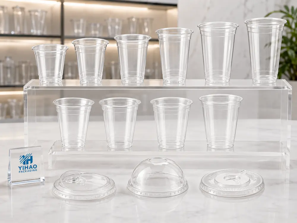 Clear PET cold drink cup size range with matching lid options for wholesale supply