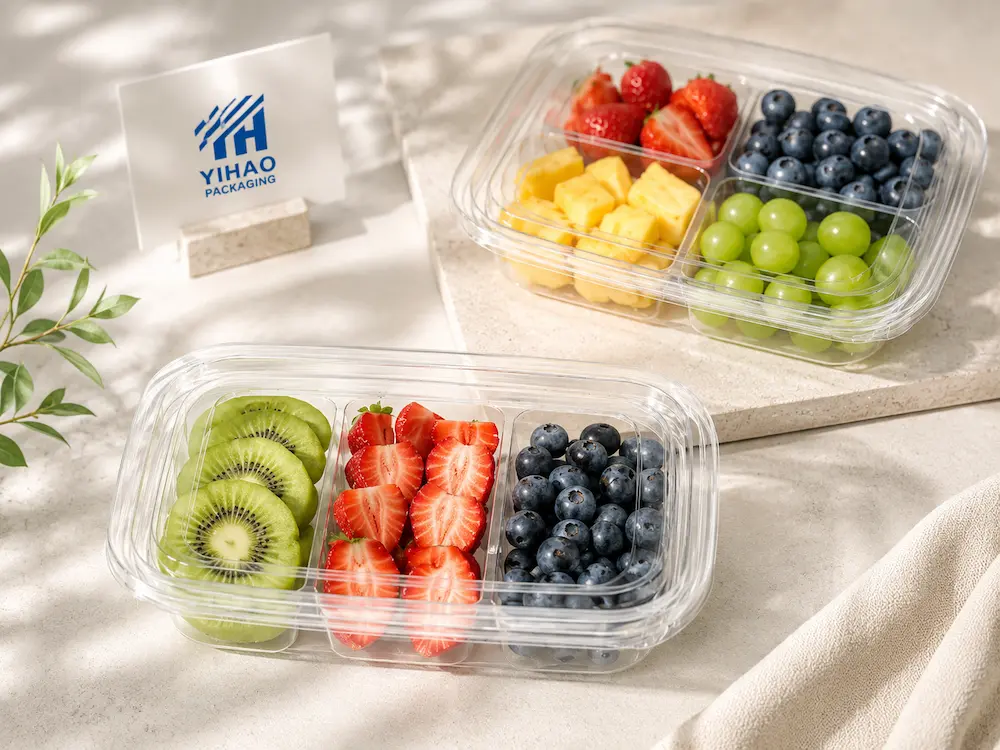 Clear PET compartment fruit containers filled with kiwi strawberries blueberries grapes and pineapple