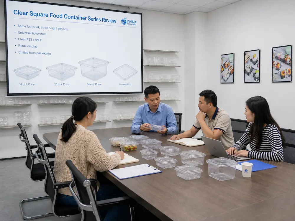 Packaging team reviewing clear PET square container samples for chilled food applications