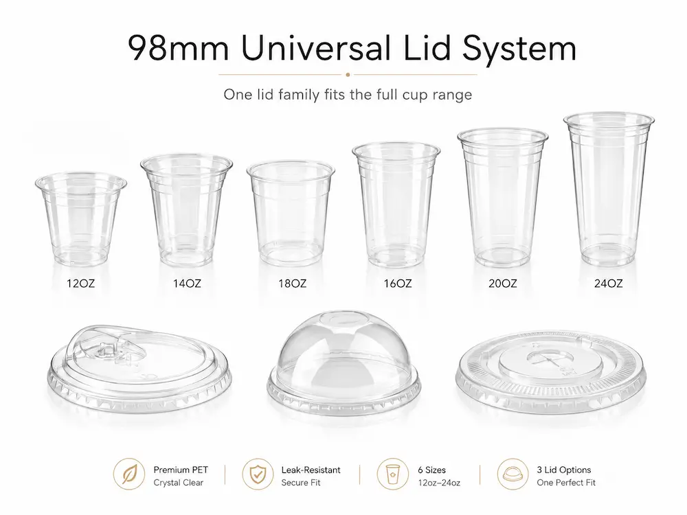 Wholesale PET Cup Lid System: Manufacturer and Supplier Checklist 1 98mm universal PET lid system showing one lid family fitting multiple clear cold cup sizes