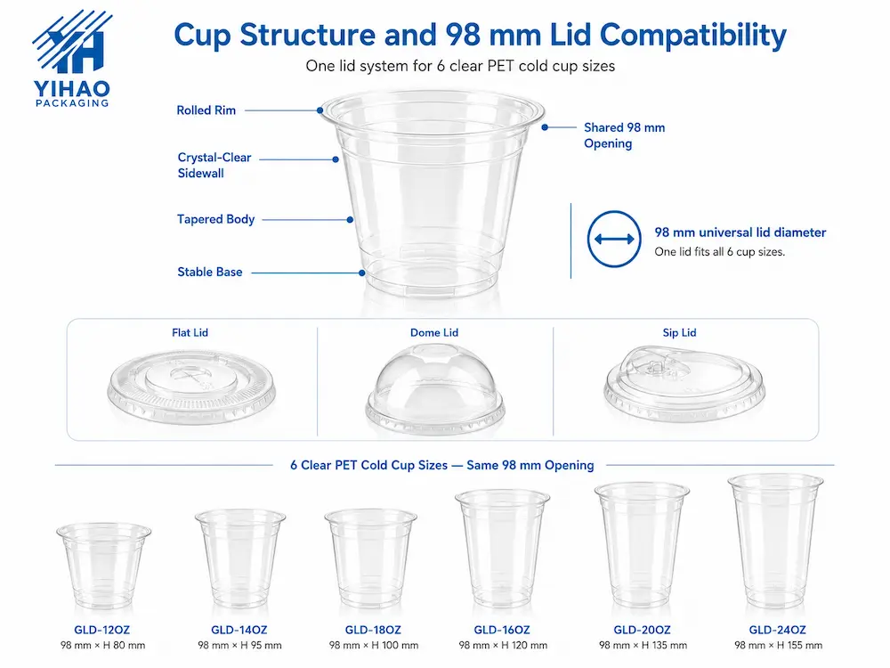 Convenience Store Fruit Cups vs Alternative Packaging: How Buyers Should Choose 4 Clear PET cup structure diagram showing rolled rim, tapered body, stable base, and 98 mm lid compatibility.