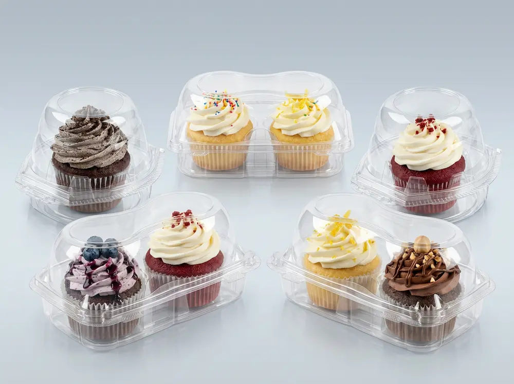 Clear PET cupcake containers with dome lids for single and two-pack cupcakes, muffins, frosted cakes, and bakery takeaway packaging