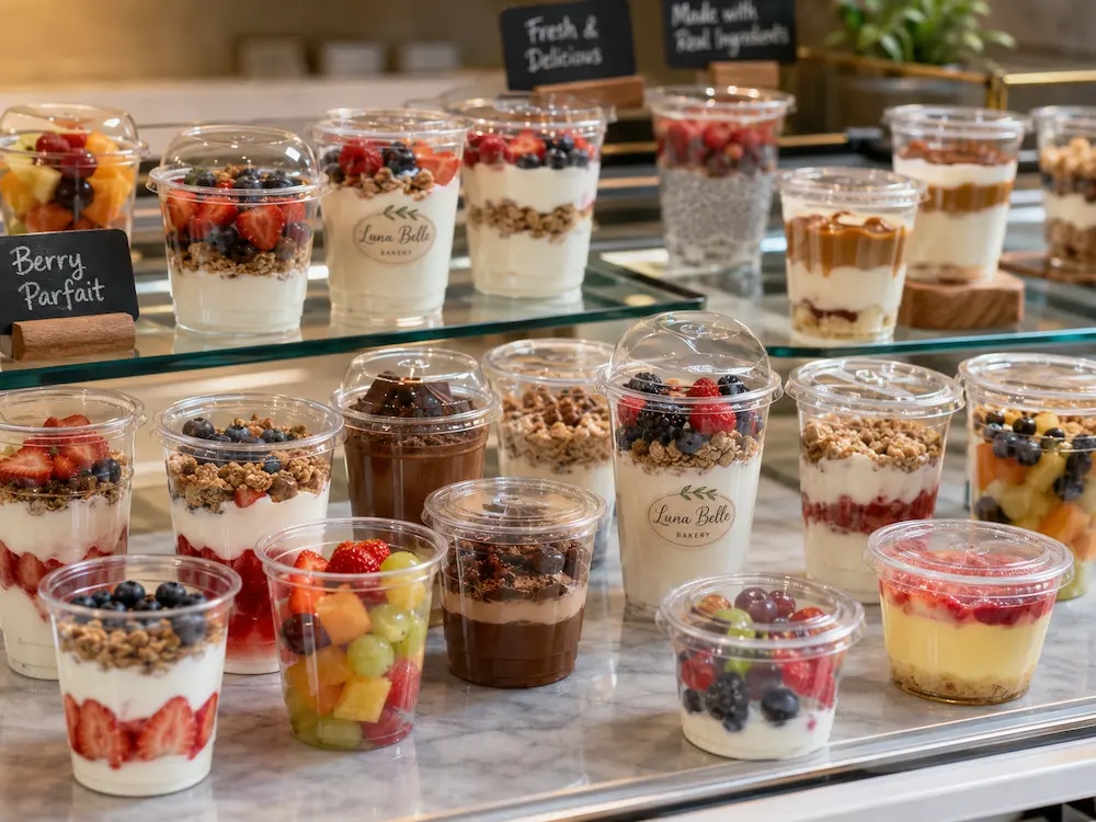 Clear PET cups for bakery parfaits, fruit cups, yogurt desserts, and chilled display