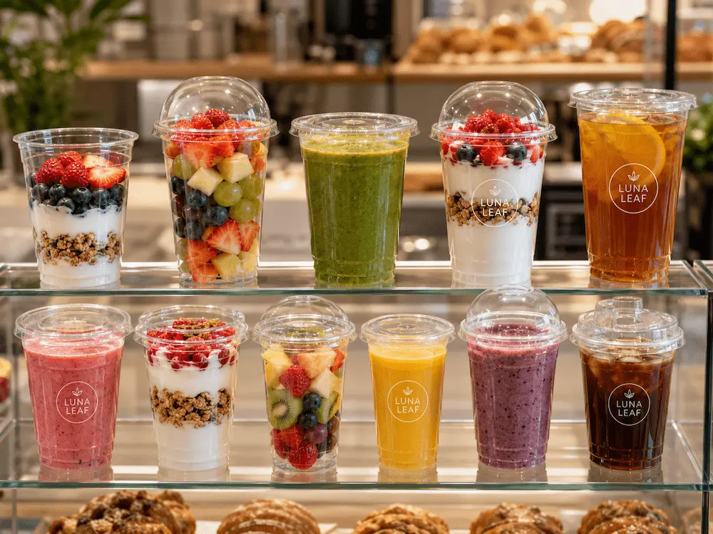 Clear PET cups with lids for layered yogurt fruit cups smoothies and refreshers