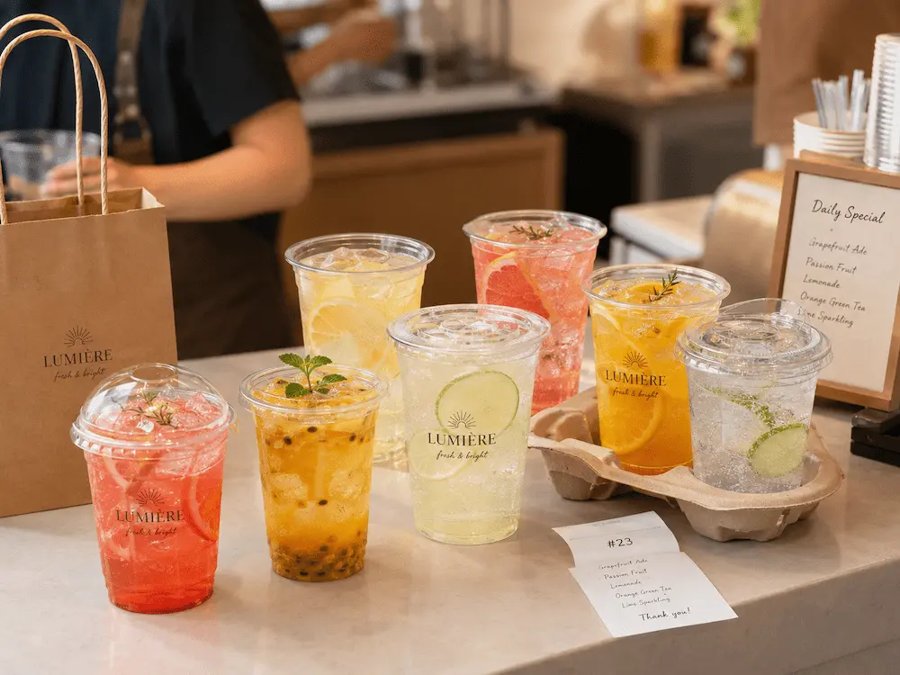 Juice, Lemonade, and Sparkling Fruit Drink Cups Complete Guide 1 Clear PET cups for lemonade fruit tea refreshers and sparkling drinks on a cafe counter
