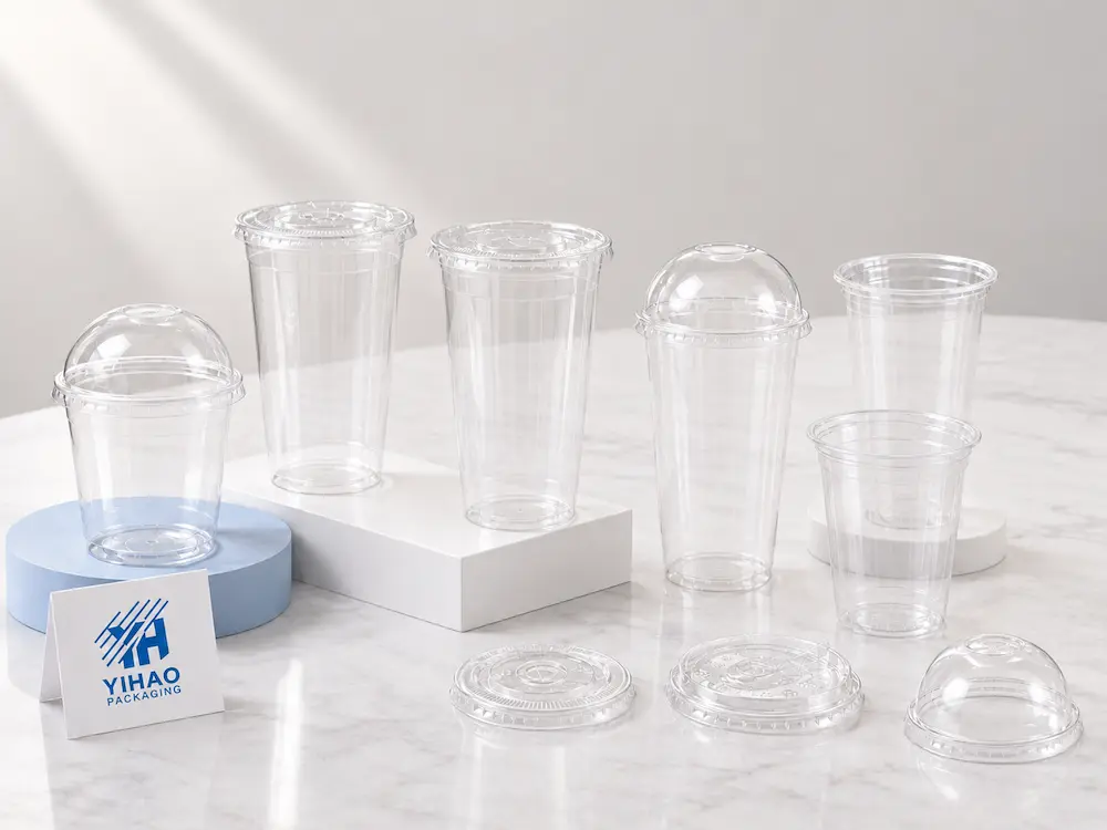 Wholesale Custom Cups for Supermarkets, Cafes, Bakeries, and Foodservice Brands 1 Clear PET cups and matching lids displayed for wholesale custom cup size and lid selection