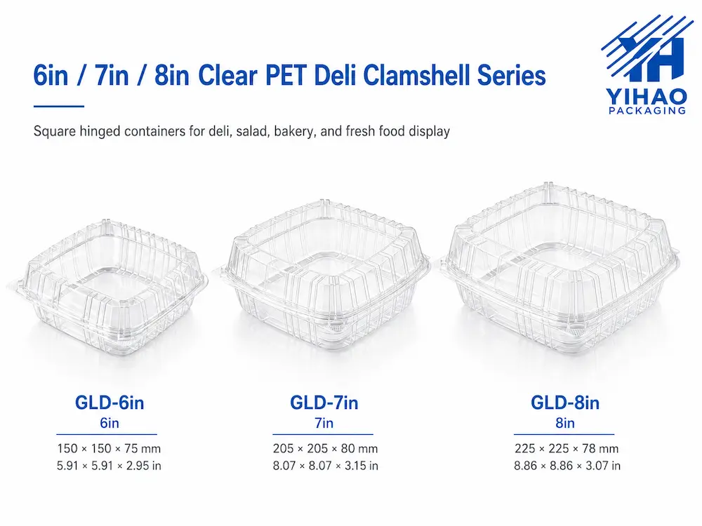 Wholesale Deli Clamshell Packaging: Manufacturer and Supplier Checklist 1 6 inch, 7 inch, and 8 inch clear PET deli clamshell containers for salad, bakery, deli, and fresh food display