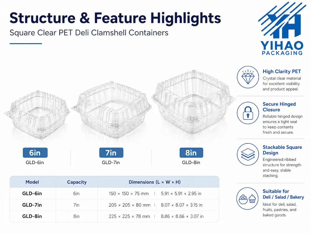Wholesale Deli Clamshell Packaging: Manufacturer and Supplier Checklist 4 Structure highlights of clear PET deli clamshell containers with high clarity, hinged closure, stackable square design, and deli salad bakery applications