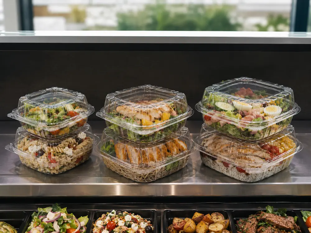 Wholesale Deli Clamshell Packaging: Manufacturer and Supplier Checklist 3 Stacked clear PET deli clamshell containers with salads, pasta, and ready-to-eat foods in a chilled display case