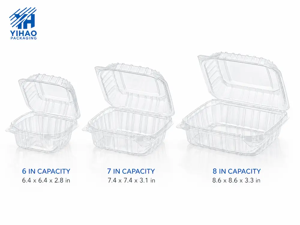 Fruit Deli Containers: Buyer Guide for Food Packaging Teams 4 Open clear PET deli containers comparing 6 inch 7 inch and 8 inch capacity options
