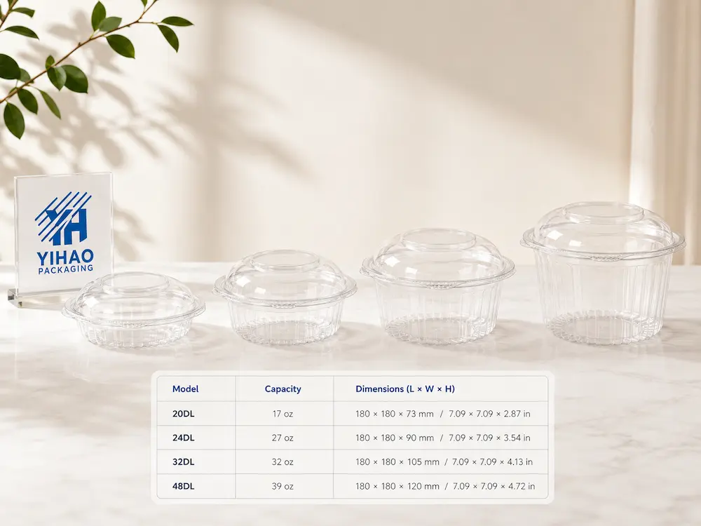 Clear PET deli container size table with 20DL, 24DL, 32DL, and 48DL packaging options