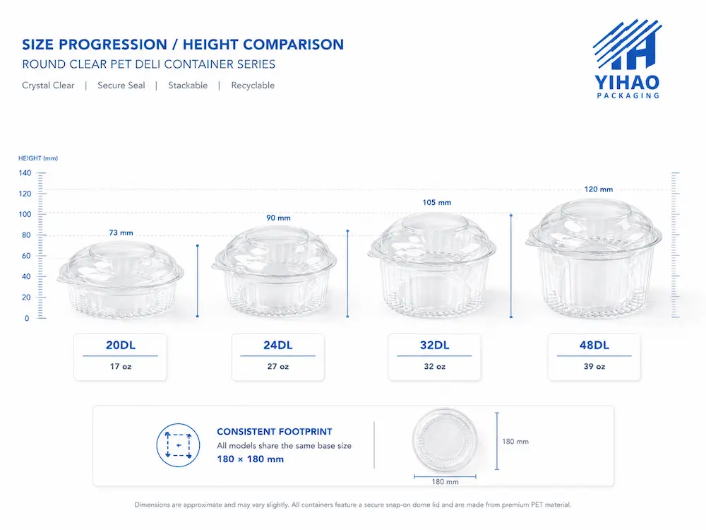 Height comparison of clear PET deli containers from 20DL to 48DL for portion planning