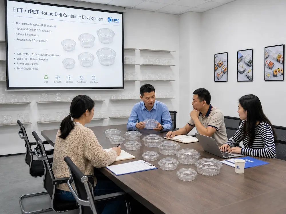 Food packaging team reviewing clear PET deli container samples for size, structure, and material selection