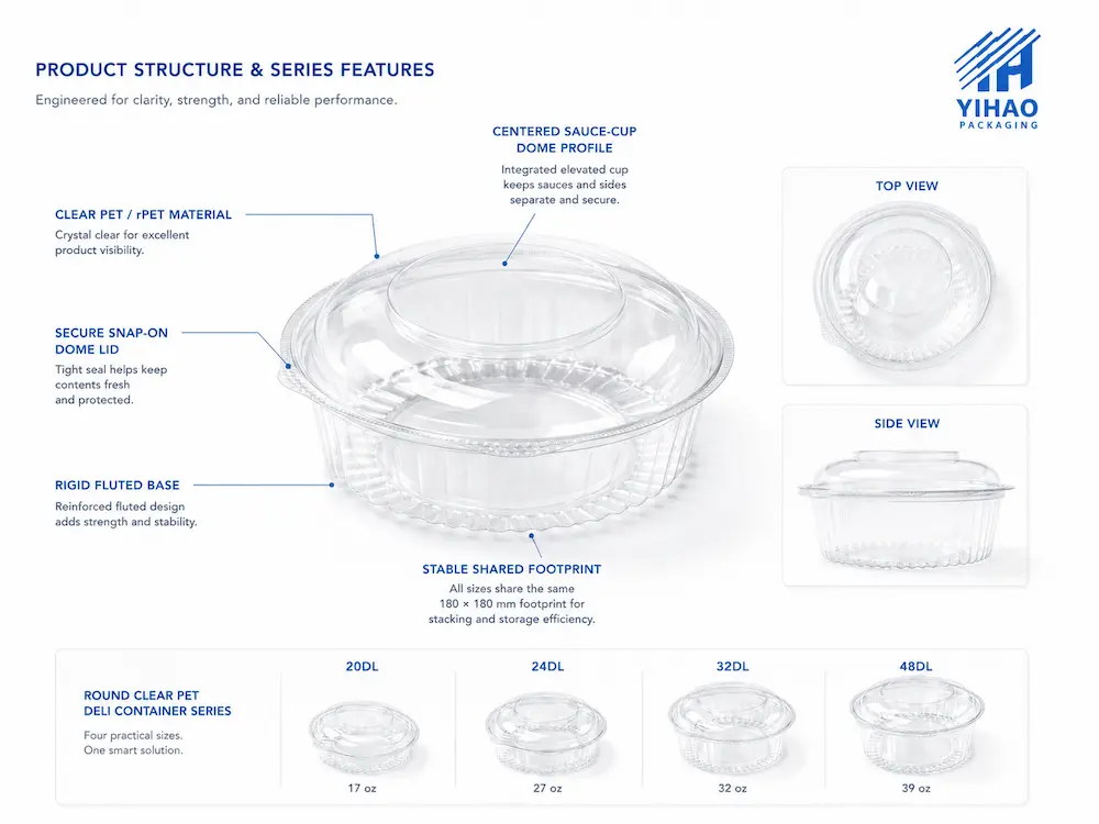Clear PET deli container structure with snap-on dome lid, fluted base, and stable shared footprint
