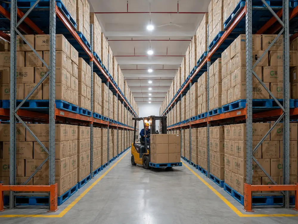 Warehouse storage for wholesale clear PET deli container orders and export packaging supply
