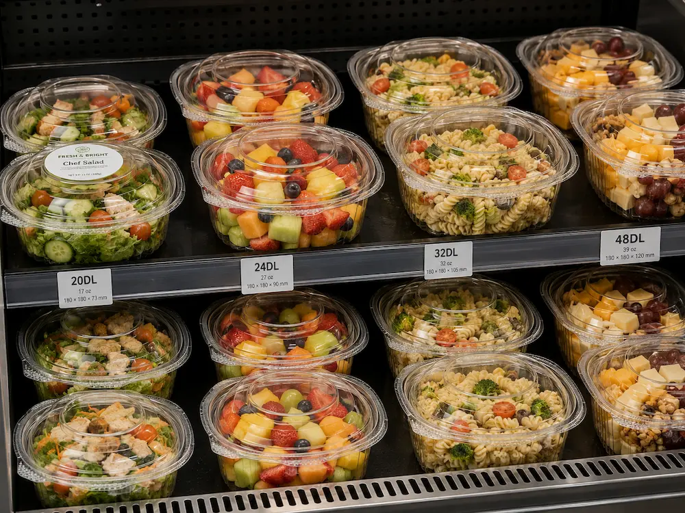 Clear PET deli containers displayed in a chilled retail case with salads, fruit, pasta, and snacks