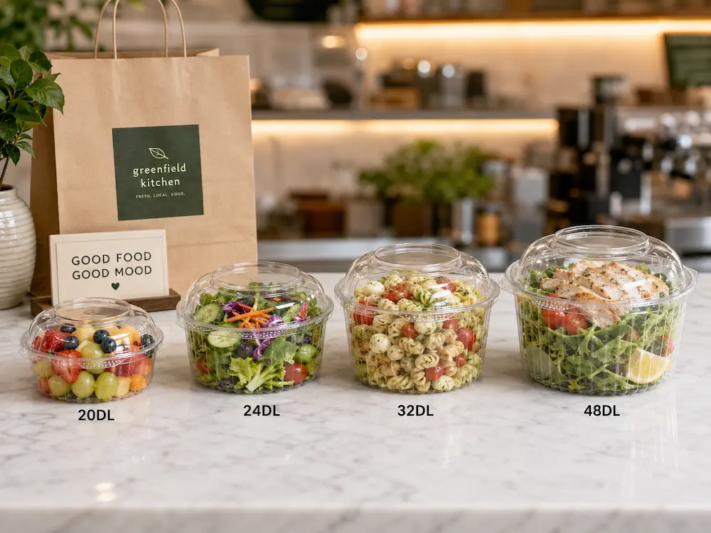 Clear PET deli containers for fruit salad, green salad, pasta salad, and chilled deli food applications